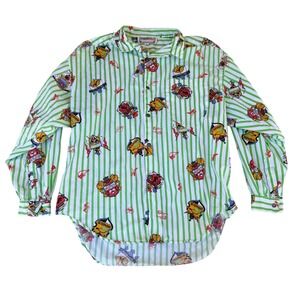 VTG! Swatch Green Striped Button Down Long Sleeve Shirt‎ Big 2XL Quirky Logo